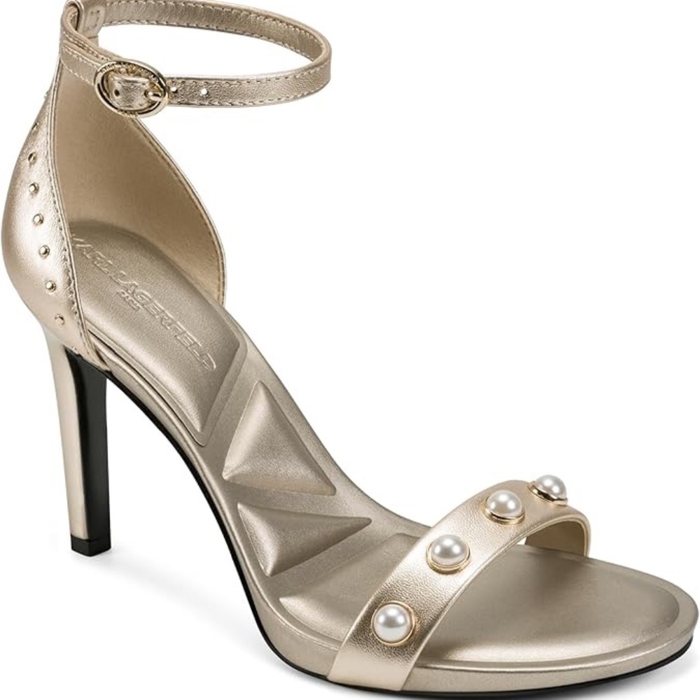 NWT Karl Langerfeld Kenz Pearl Studded Ankle Strap Sandals in Gold Size 8.5